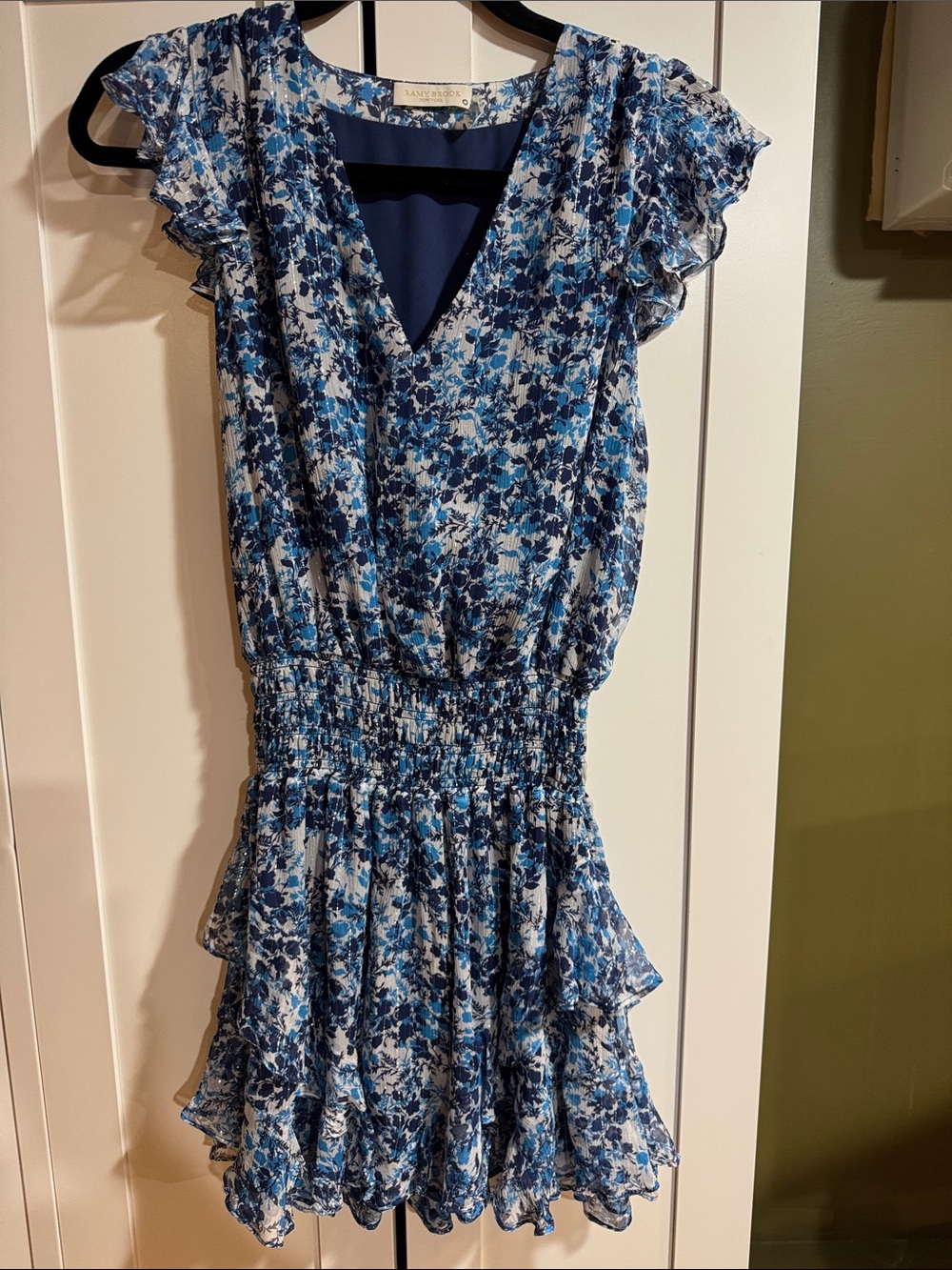 Ramy Brook Blue Floral Ruffle V-Neck Dress